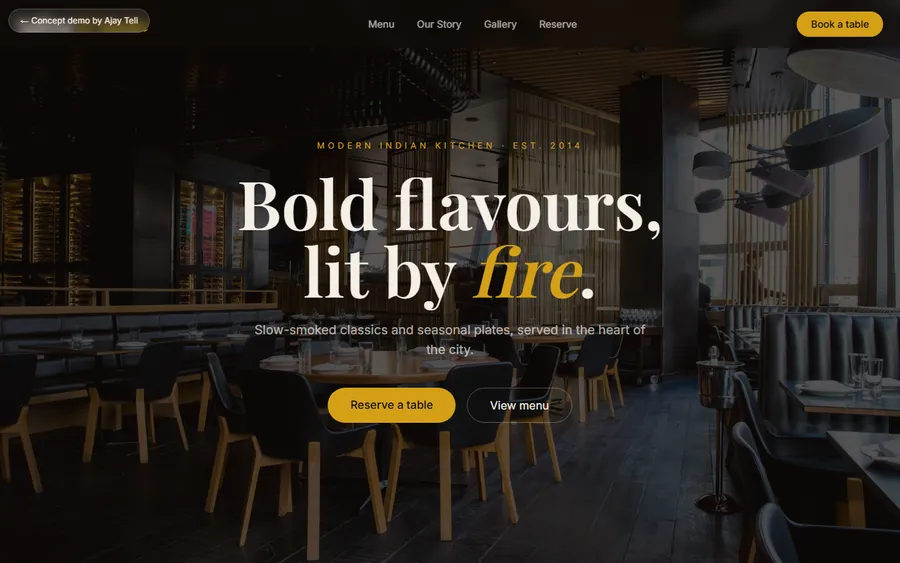 Restaurant website concept with online menu and reservation booking UI